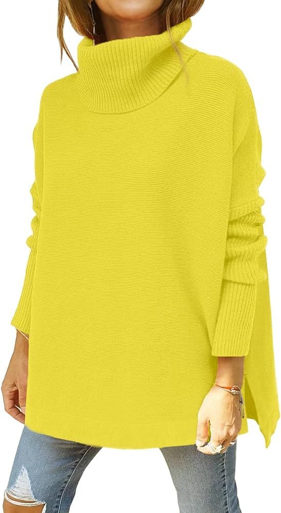 EFAN Women's Turtleneck Oversized Sweaters Long Sleeve Spilt Hem Casual Asymmetric Pullover Knit ... | Amazon (US)