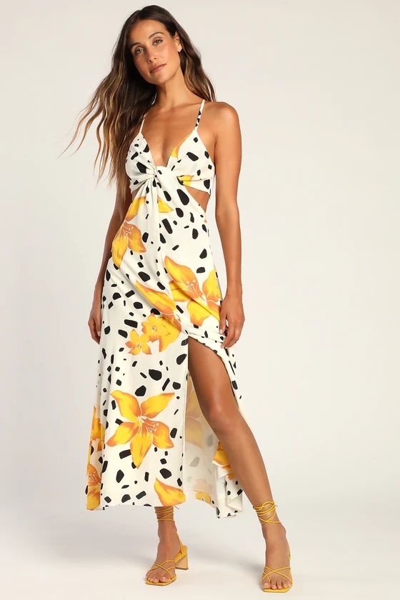 Tropical Treasure Ivory Floral Dot Print Twist-Front Midi Dress | Lulus (US)