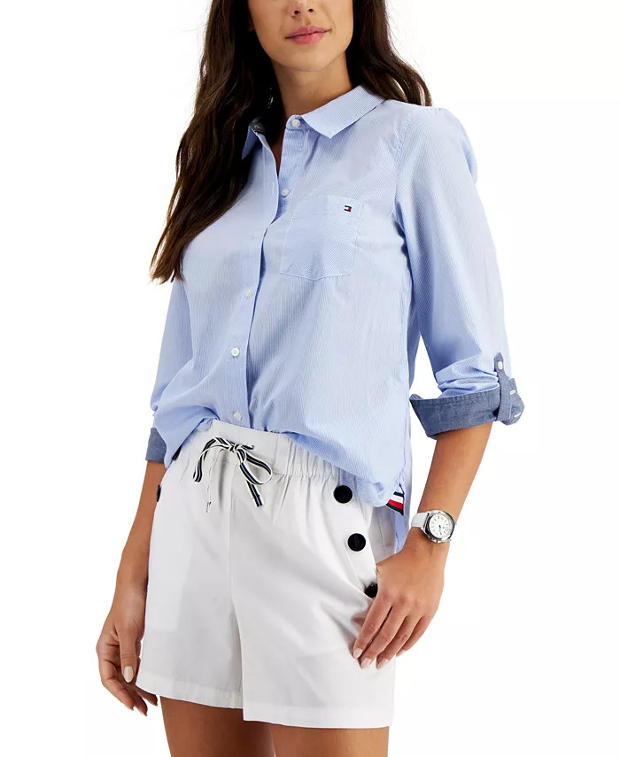Tommy Hilfiger Women's Cotton Pinstripe Button-Down Shirt - Macy's | Macys (US)