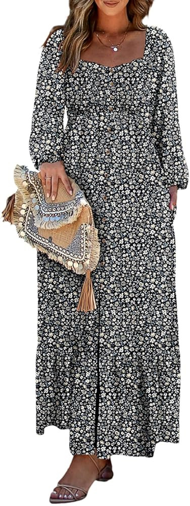 Dokotoo Womens Dresses 2024 Boho Floral Smocked Square Neck Long Sleeve Button Down Beach Long Ma... | Amazon (US)