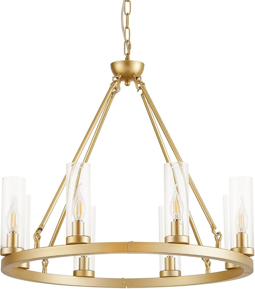 27D Gold Wheel Chandelier 8 Light Round Metal Pendant Light with Clear Glass Shades for Dining Ro... | Amazon (US)
