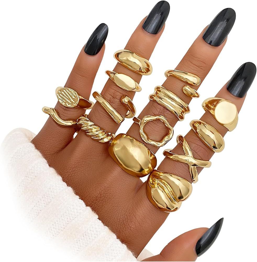 IFKM Gold Chunky Rings Set for Women 14k Gold Plated Thick Dome Stackable Open Rings Trendy Daint... | Amazon (US)