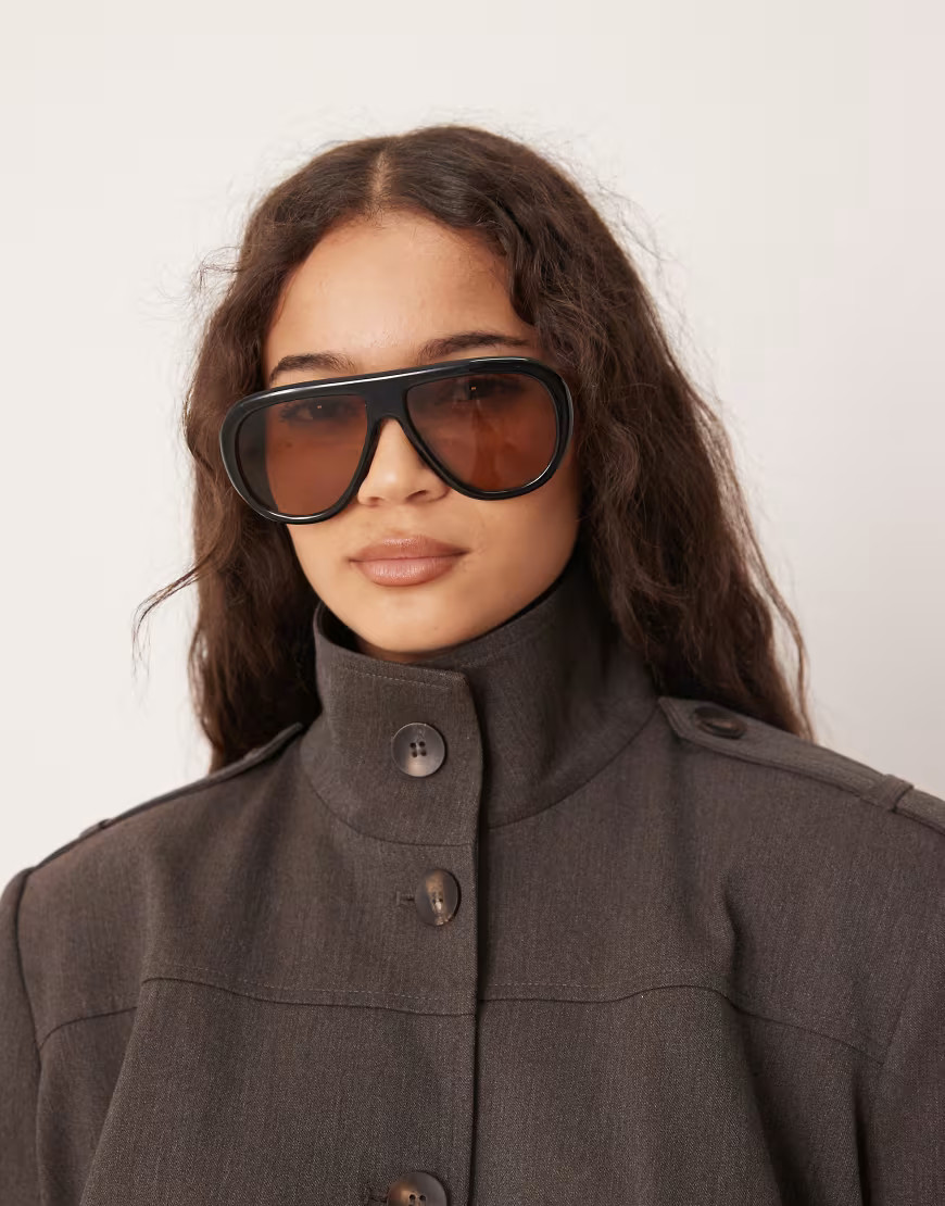 ASOS DESIGN aviator sunglasses with metal arms in black with light brown lens | ASOS (Global)