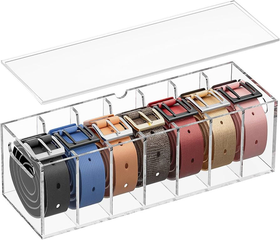 Belt Organizer - Acrylic Belt Storage Holder for Closet with Dust Cover Lid - 7 Compartments Clea... | Amazon (US)
