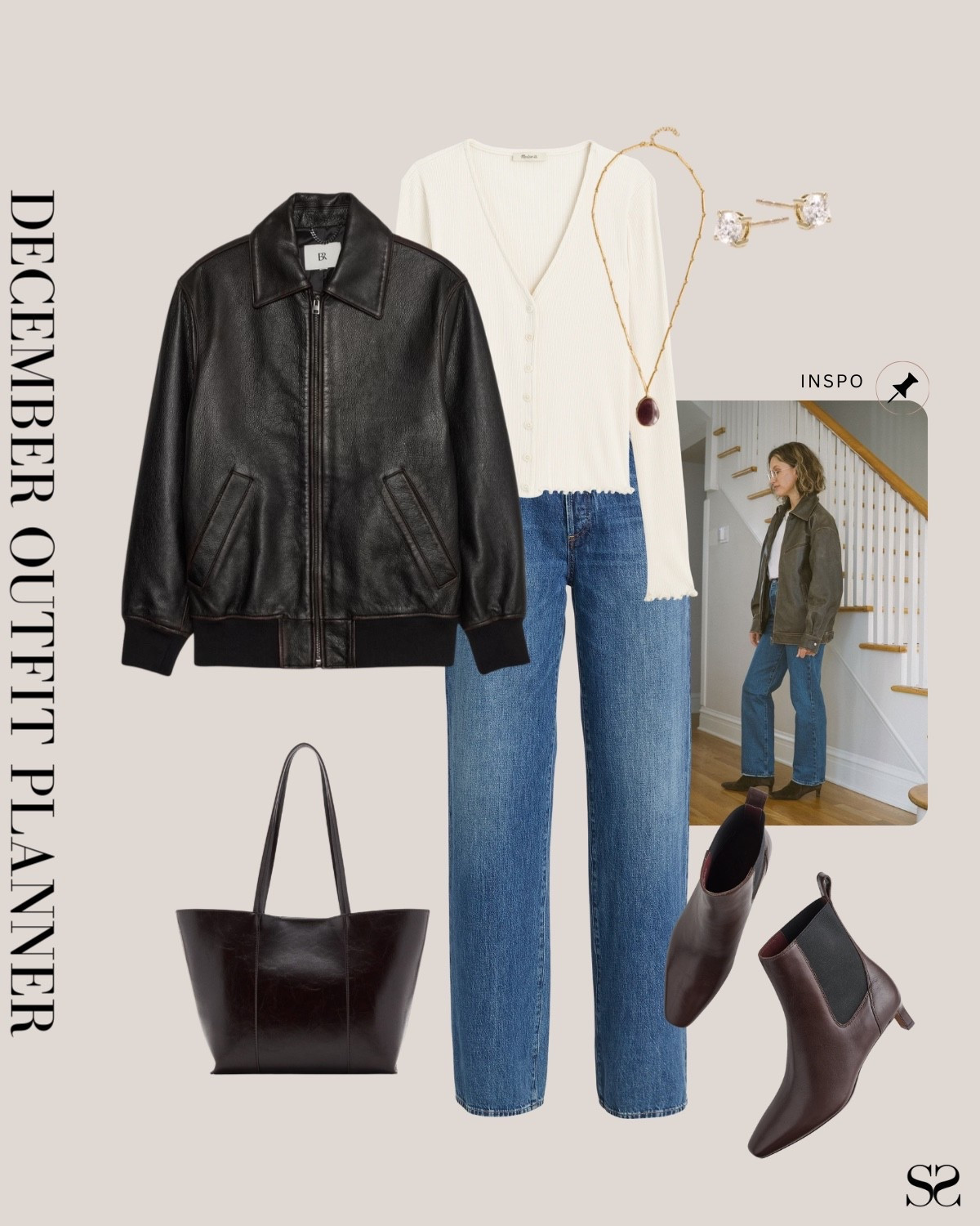 Monthly outfit planner DECEMBER: Winter outfits | straight jean, leather jacket, cardigan sweater, ankle boot, leather tote 

#classicstyle #casualstyle #LTKstyletip #winteroutfit

Image inspo credit: @ashrohr

#LTKSeasonal #LTKgrwm #LTKootd