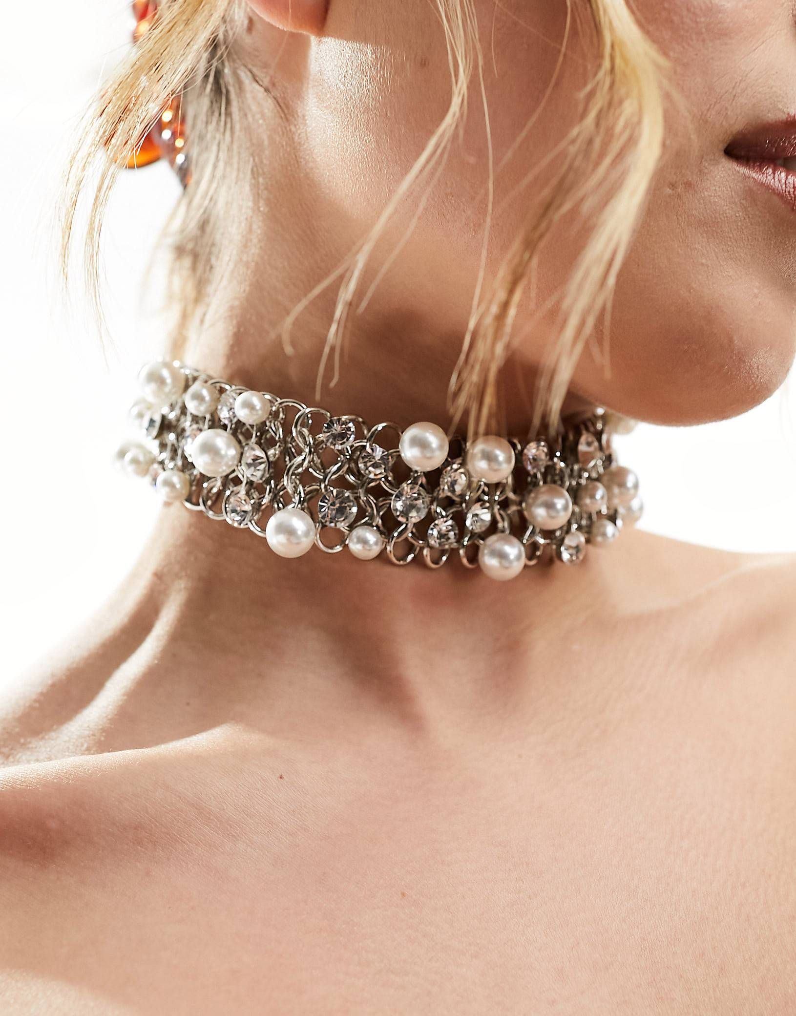 ASOS DESIGN choker with mixed faux pearl and crystal link design in silver tone | ASOS | ASOS (Global)