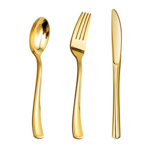 Goodluck 150 Gold Plastic Silverware, Gold Utensil Disposable, Plastic Cutlery Set of 50 Gold Forks, 50 Gold Spoons, 50 Gold Knives for Wedding, Party, Thanksgiving | Amazon (US)