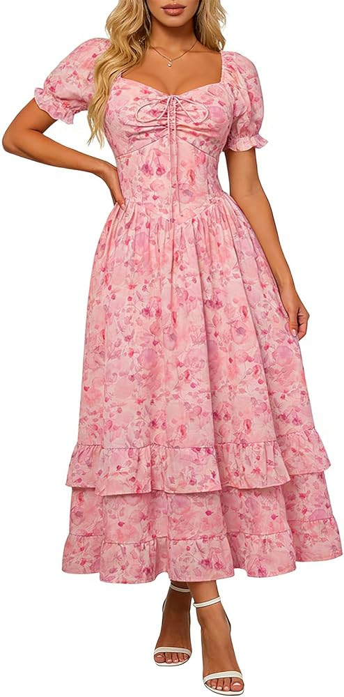 Scarlet Darkness Women Floral Cottagecore Dress Puff Sleeve Maxi Ruffled Corset Dress | Amazon (US)