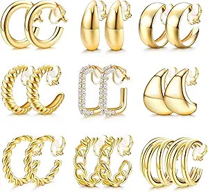 Amazon.com: YADOCA 9 Pairs Gold Clip on Earrings for Women 14K Gold Plated Waterdrop Chunky Clip ... | Amazon (US)