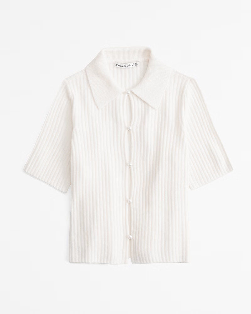 Abercrombie & Fitch Women's Short-Sleeve Pearl Button Collared Cardigan in Cream - Size XXS | Abercrombie & Fitch (US)