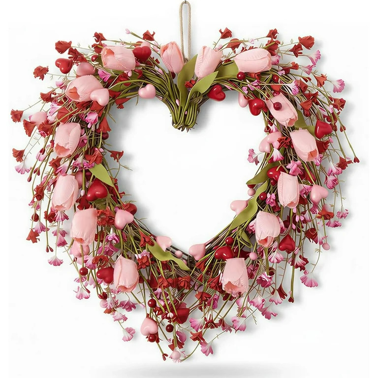 17" Valentine's Day Heart Wreaths for Front Door, Pink Tulip Wreath with Heart Berry, for Wedding... | Walmart (US)