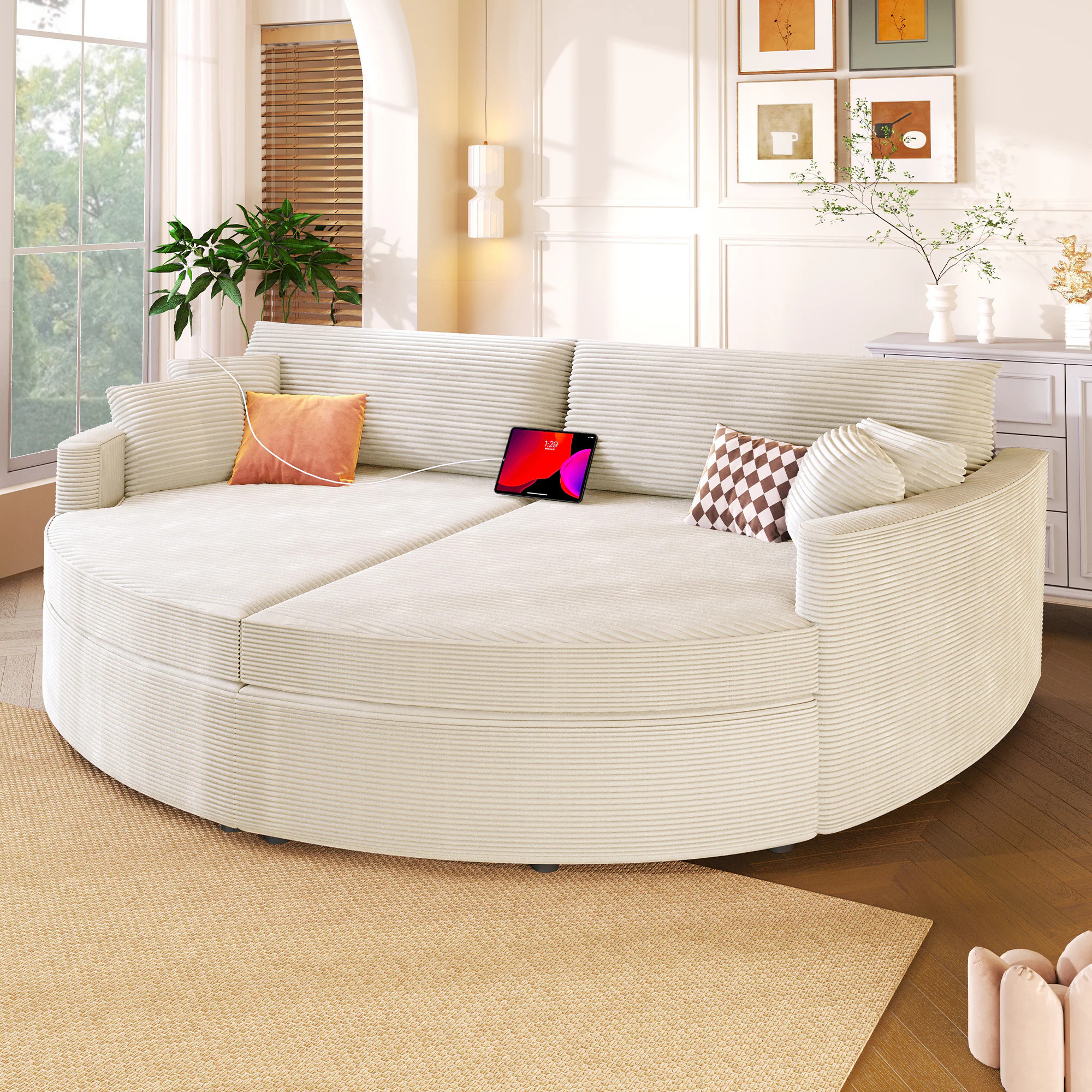 ModernLuxe Oversized Double Chaise Lounge Sofa 102.3inch Sofa Bed Upholstered Loveseat Sofa Couch with Deep Seat and USB Ports for Living Room Beige | Lowe's