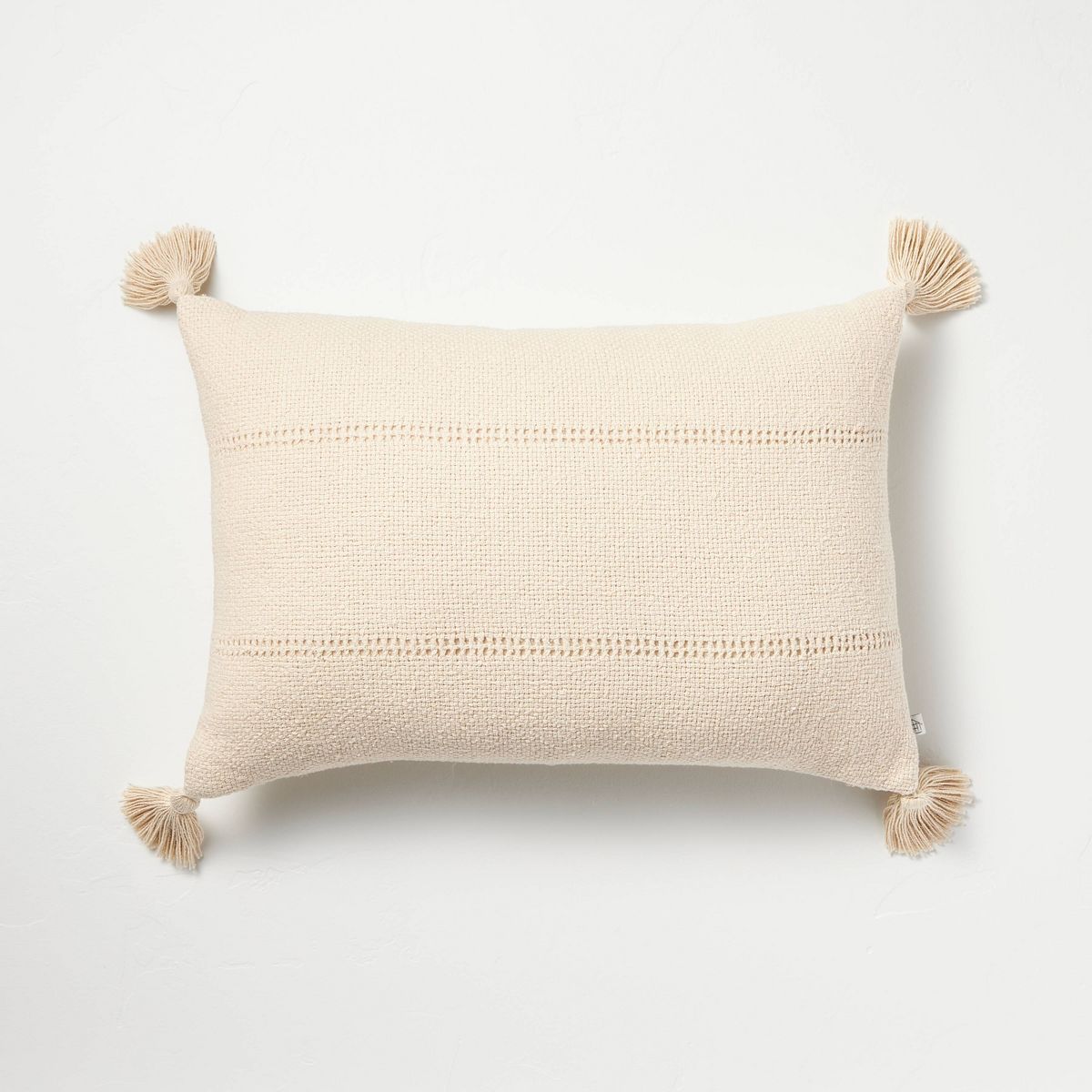 14"x20" Hem Stitch Stripe Lumbar Throw Pillow with Tassels Tan - Hearth & Hand™ with Magnolia: ... | Target