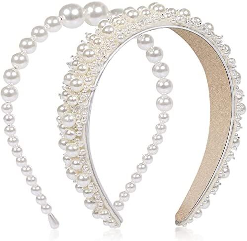 WantGor Pearl Headbands for Women, 2PCS Faux Pearl Hairbands Bridal White Headband Wedding Hair H... | Amazon (US)