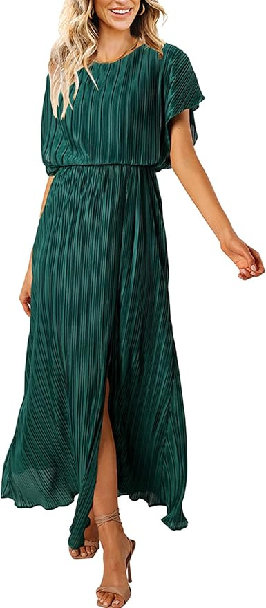 ECOWISH Women Maxi Dresses Cocktail Party Wedding Guest Formal Pleated Long Dress Short Sleeve Sl... | Amazon (US)