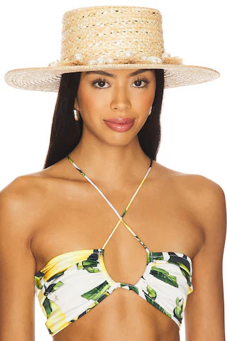 Lele Sadoughi Pearl Poms Straw Hat in Natural from Revolve.com | Revolve Clothing (Global)