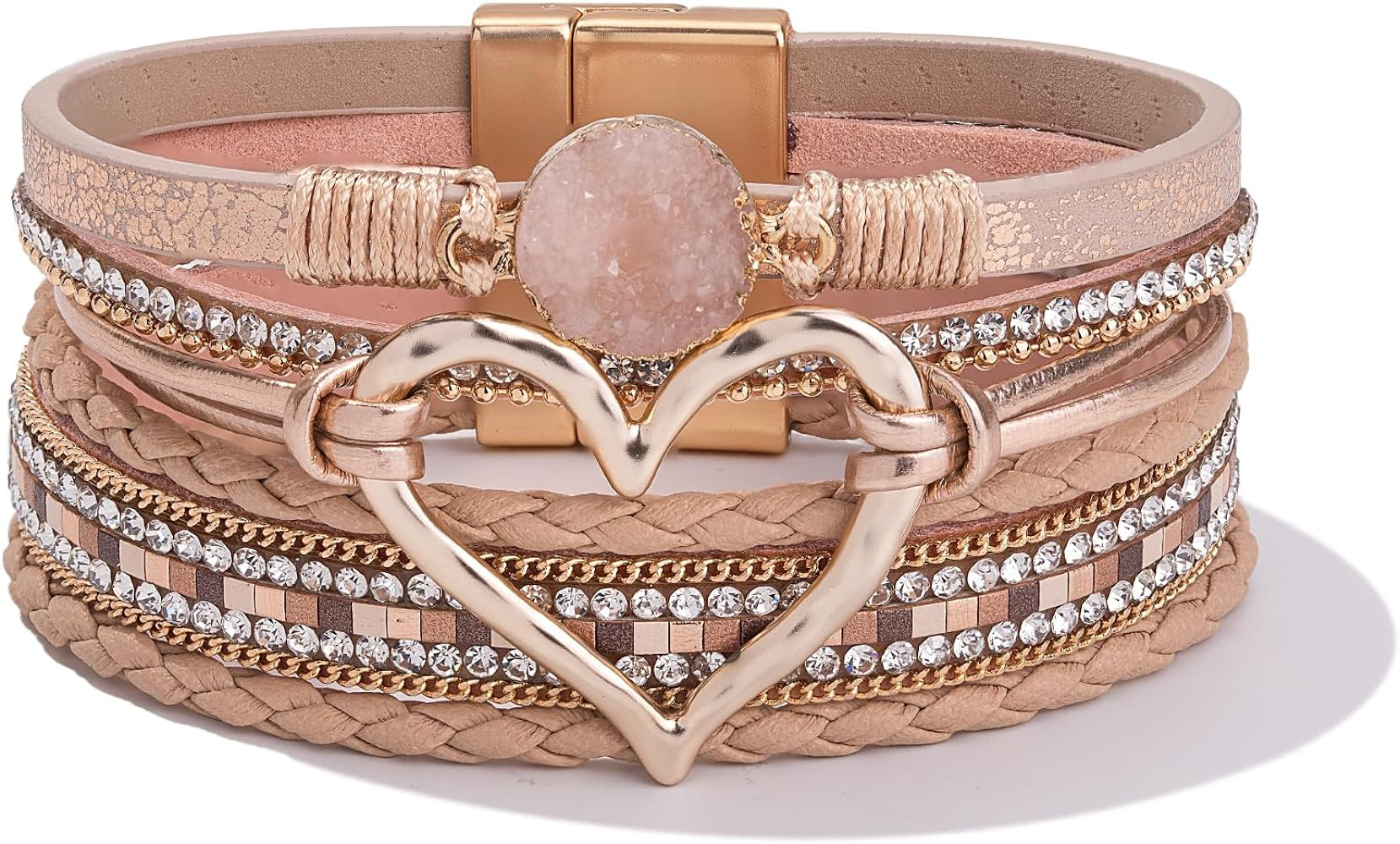 FANCY SHINY Heart Leather Wrap Bracelets Stackable Boho Cuff Bangles Trendy Resin Stone Rhineston... | Amazon (US)