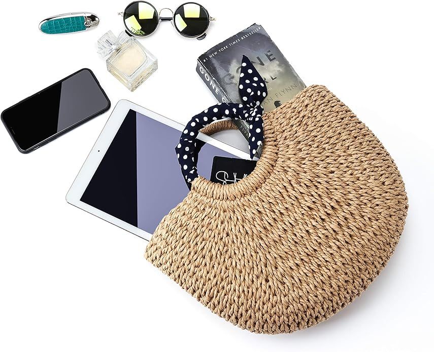 YXILEE Summer Beach bag,Handmade Large Straw Tote Bag Womens Handbag (Khaki) | Amazon (US)