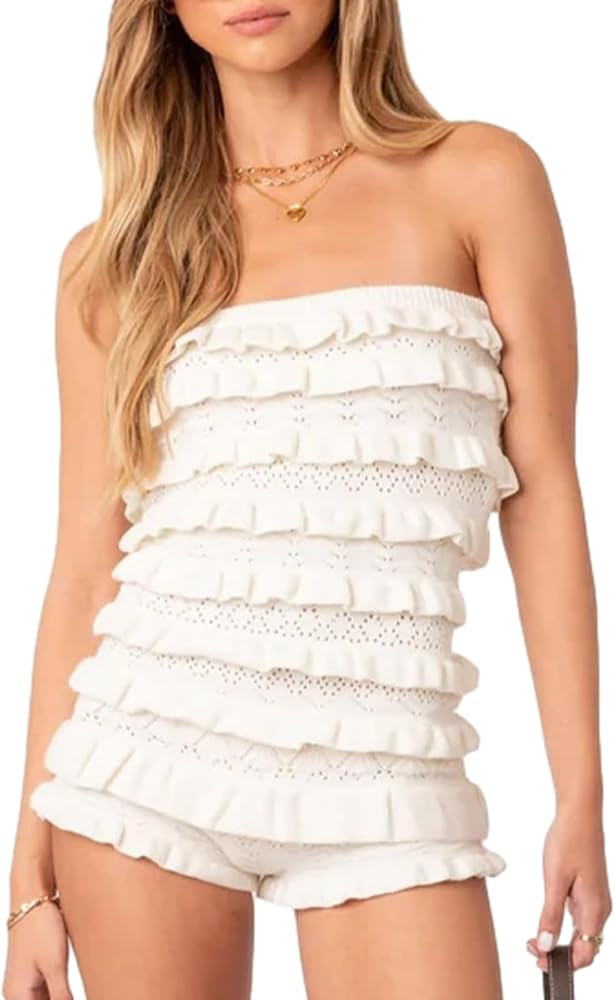 SOLILOQUY Women Strapless Off Shoulder Shorts Jumpsuit Layered Ruffle Knit Romper One Piece Loung... | Amazon (US)