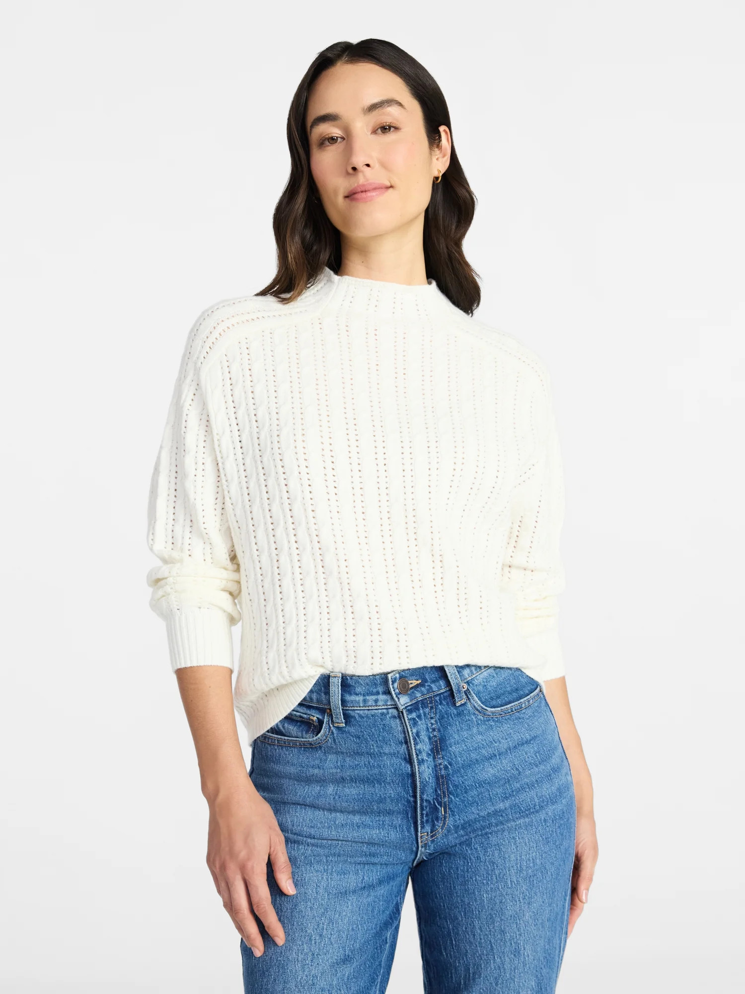 Time and Tru Women's Pointelle Mock Neck Pullover Sweater with Long Sleeves, Lightweight, Sizes X... | Walmart (US)