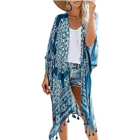 Women Beach Cover Up Kimono Trim Solid Chiffon Spring Tropical Pool Kimonos Duster Cardigan Tops Mat | Walmart (US)