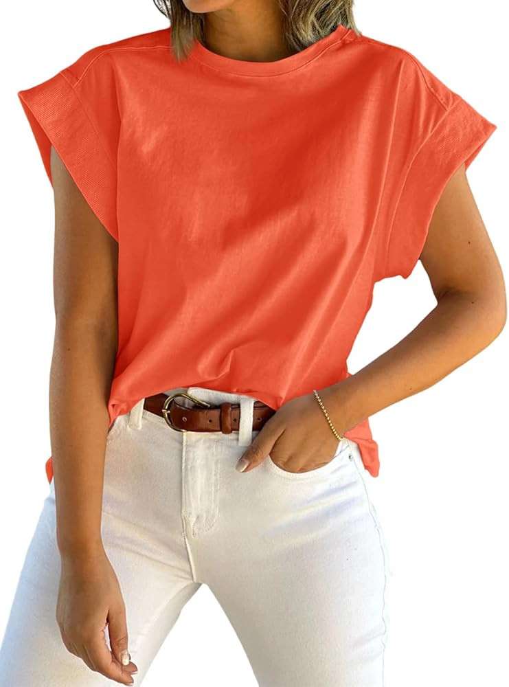Tankaneo Womens Summer Cap Sleeve Tank Top Crew Neck Solid Casual Loose Fit Basic Tee Shirt | Amazon (US)