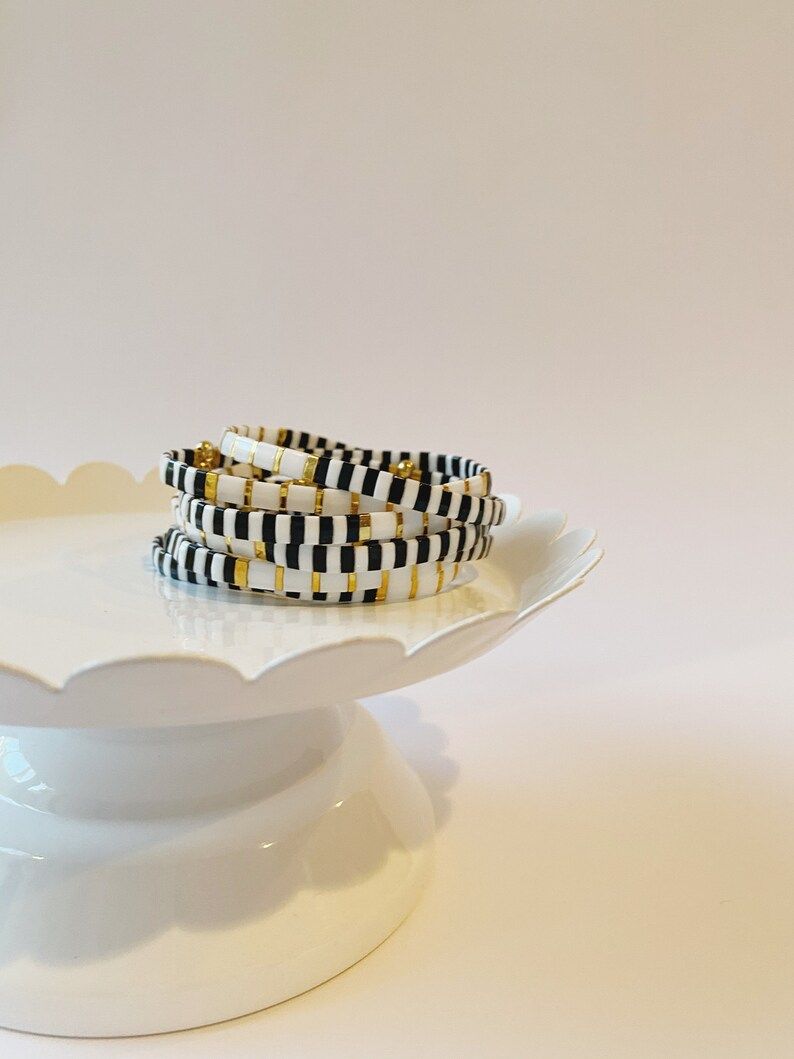 Black and White Block Tila Stretch Bracelet | Etsy (US)