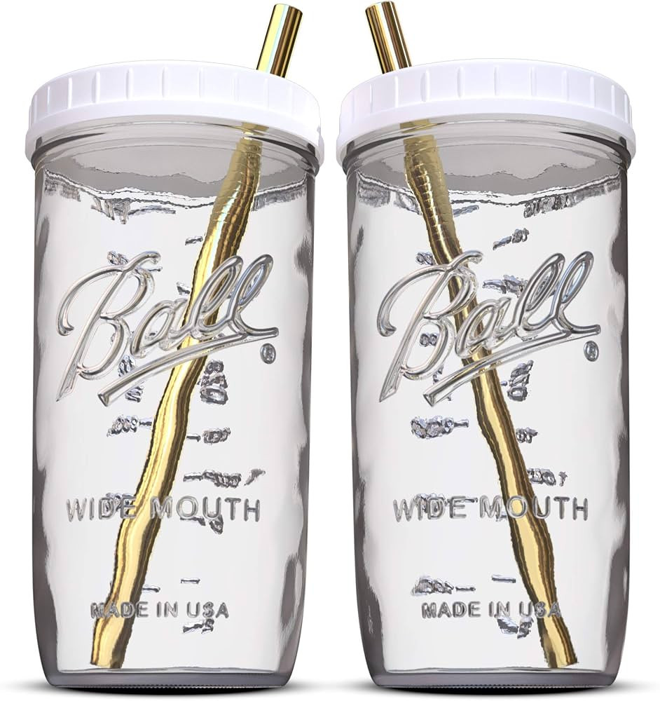 Reusable Wide Mouth Smoothie Cups Boba Tea Cups Bubble Tea Cups with Lids and Gold Straws Mason J... | Amazon (US)