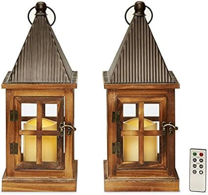 Wood Flameless Candle Lanterns - Set of 2 Decorative Outdoor LED Lanterns, 15" Tall, Water Resist... | Amazon (US)