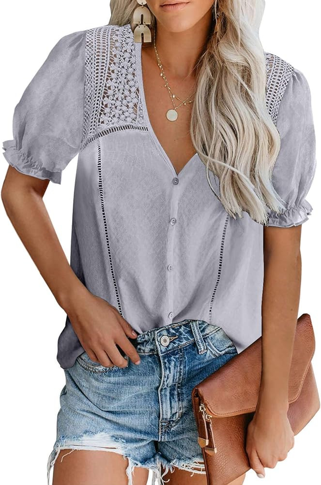 HOTAPEI Women’s Sexy Floral Tee Top Loose Short Sleeve Blouse Lace Hollow High Neck T-Shirt | Amazon (US)