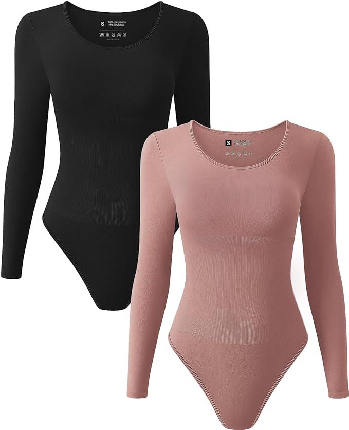 TDIFFUN Womens Long Sleeve Bodysuits Shapewear Seamless Ribbed Crew Neck One Piece Sexy Body Shap... | Amazon (US)