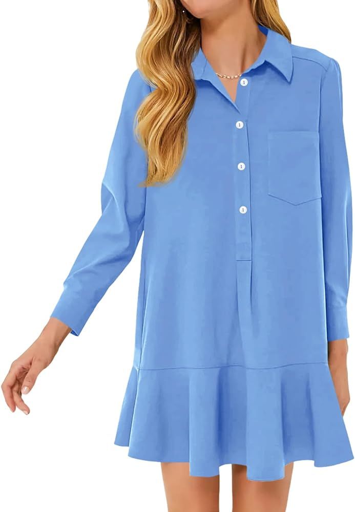 Fisoew Womens Casual Button Down Shirt Dress Long Sleeve Collared Pleated Swing Mini Dresses | Amazon (US)