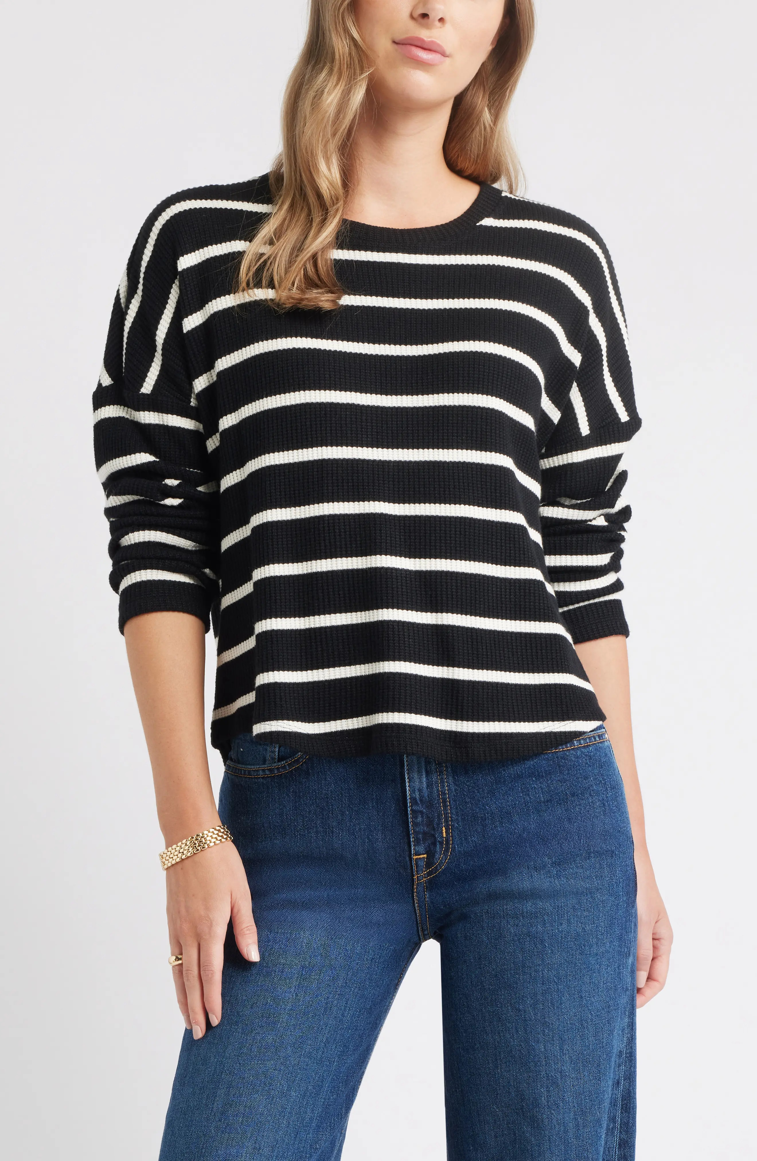 caslon(r) Long Sleeve Waffle Knit T-Shirt in Black- Ivory Stacy Stripe at Nordstrom, Size Small | Nordstrom