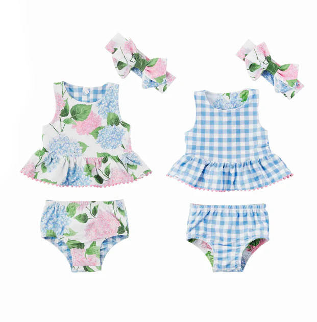 Hydrangea Gingham Reversible Swimsuit & Headband Set | Classic Whimsy