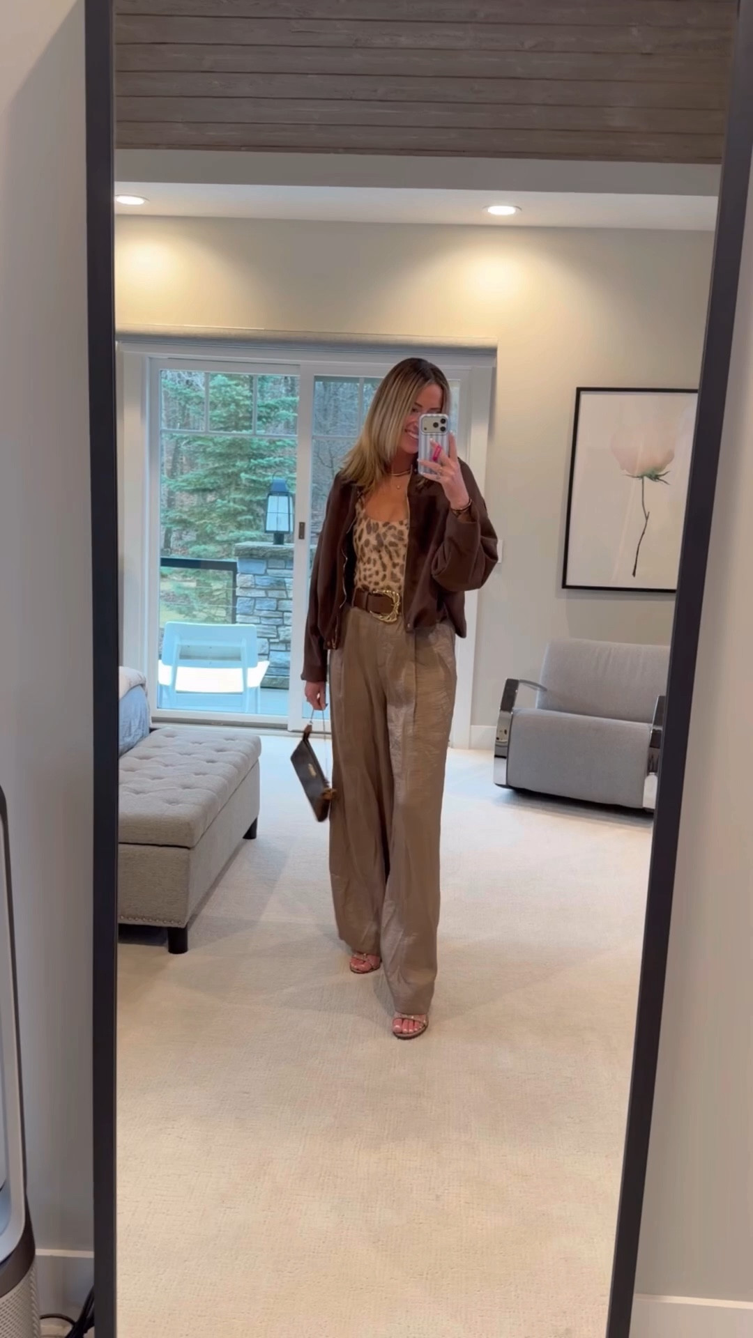 Date night outfit 
Amazon suede bomber jacket is a must have for spring 
Wide leg pants and leopard print 