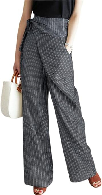 Women's Striped Pants Wrap Belt Pinstripe Suit Pants Wide Leg Business Dress Trousers with Pocket... | Amazon (US)
