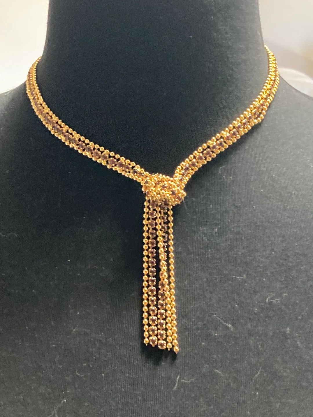 Vintage mid century gold tone high end cognac brown diamante woven drop necklace adjustable lengt... | Etsy (US)
