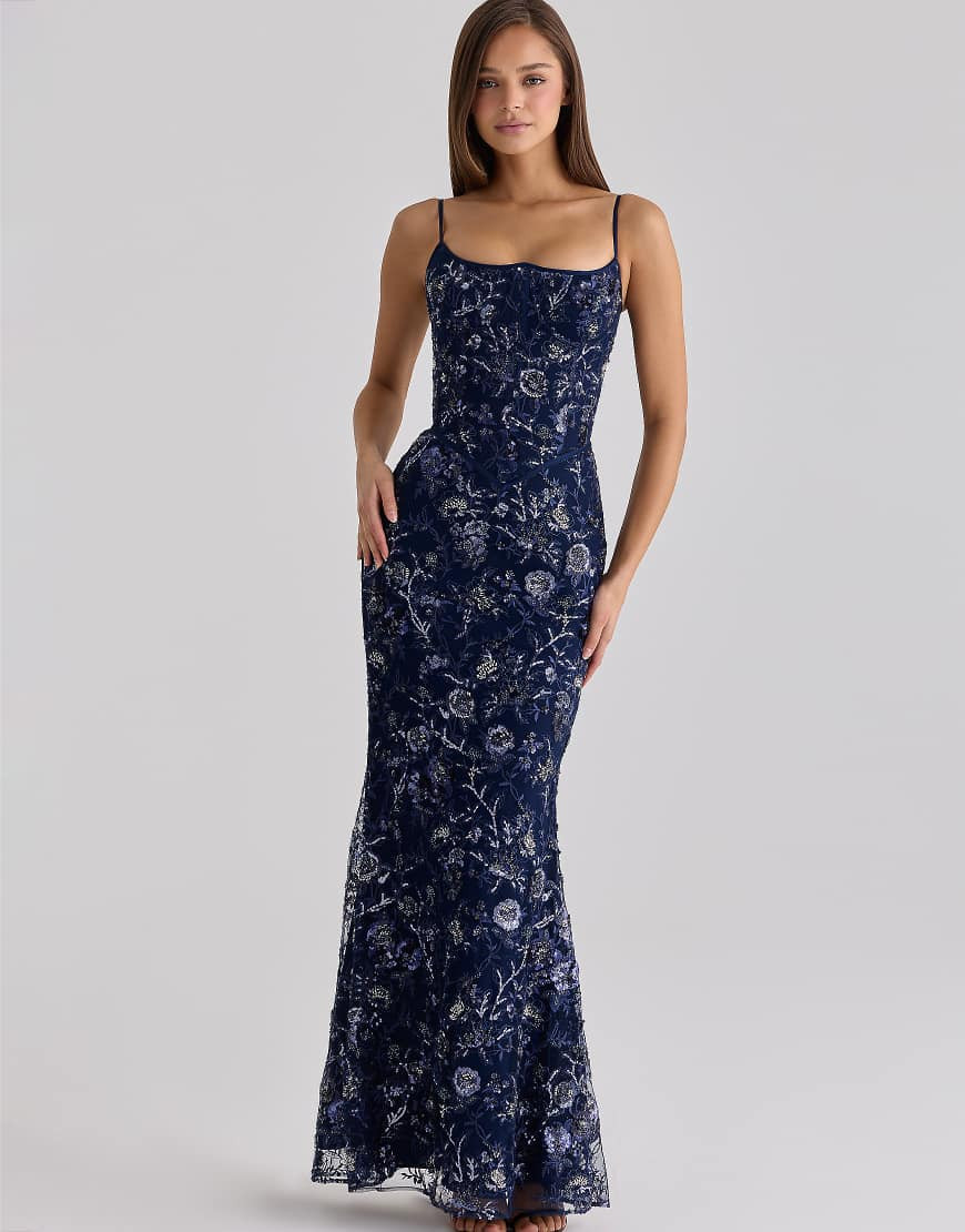 House of CB Naima navy hand beaded embellished corset maxi dress in navy | ASOS (Global)