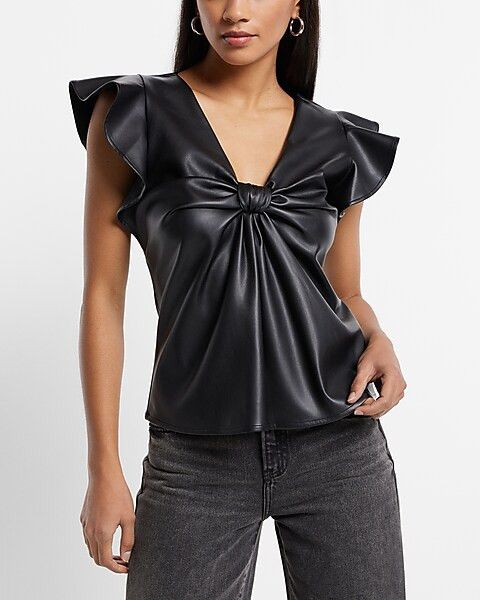 Faux Leather V-neck Flutter Sleeve Knot Top | Express