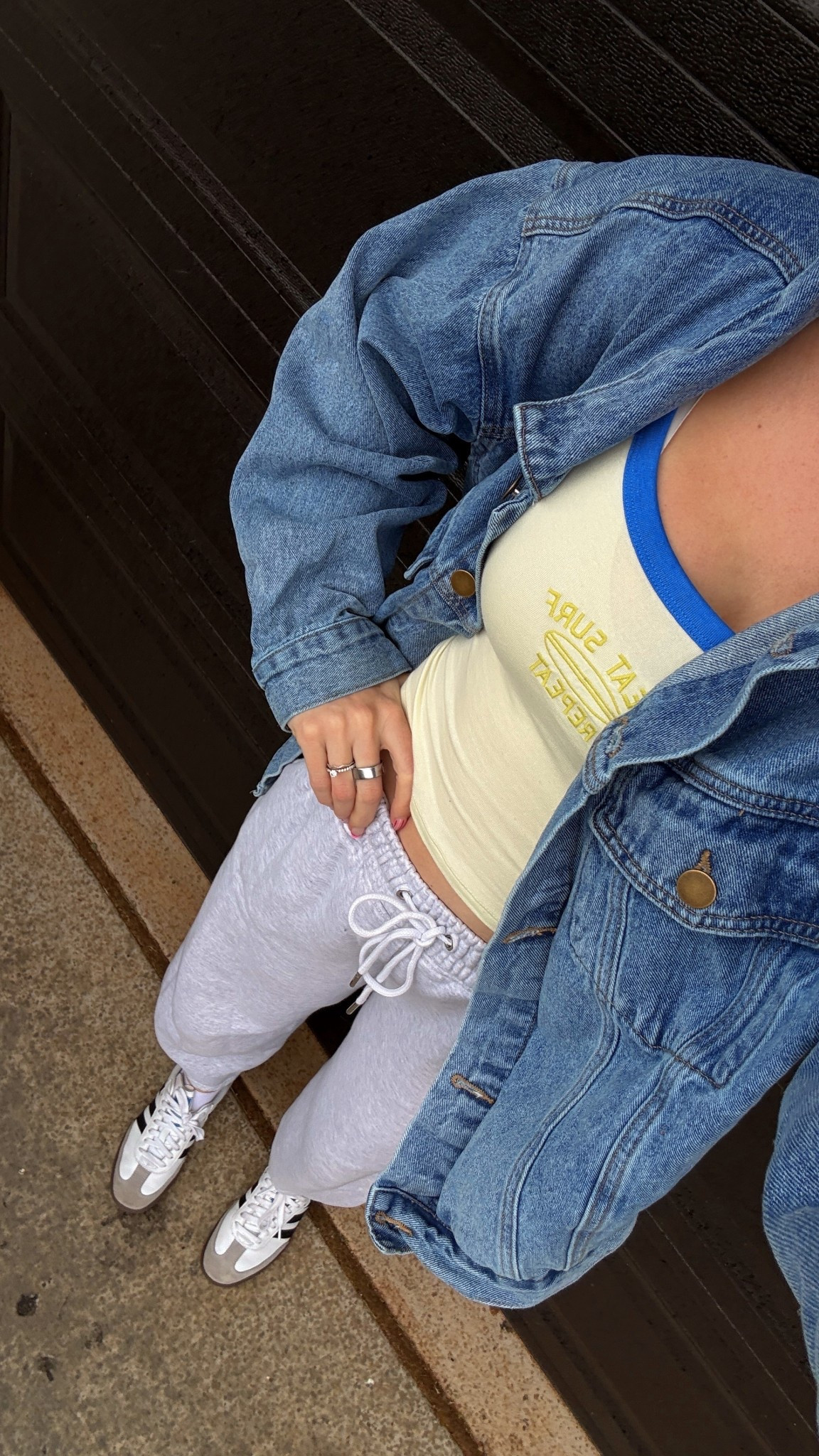 Todays ootd - we went to the movies and had a lazy rainy day at home! These are my fave barrel sweatpants! They come in multiple length options! Wearing a small tall, small in tank and medium in oversized denim jacket! I’m 5’10