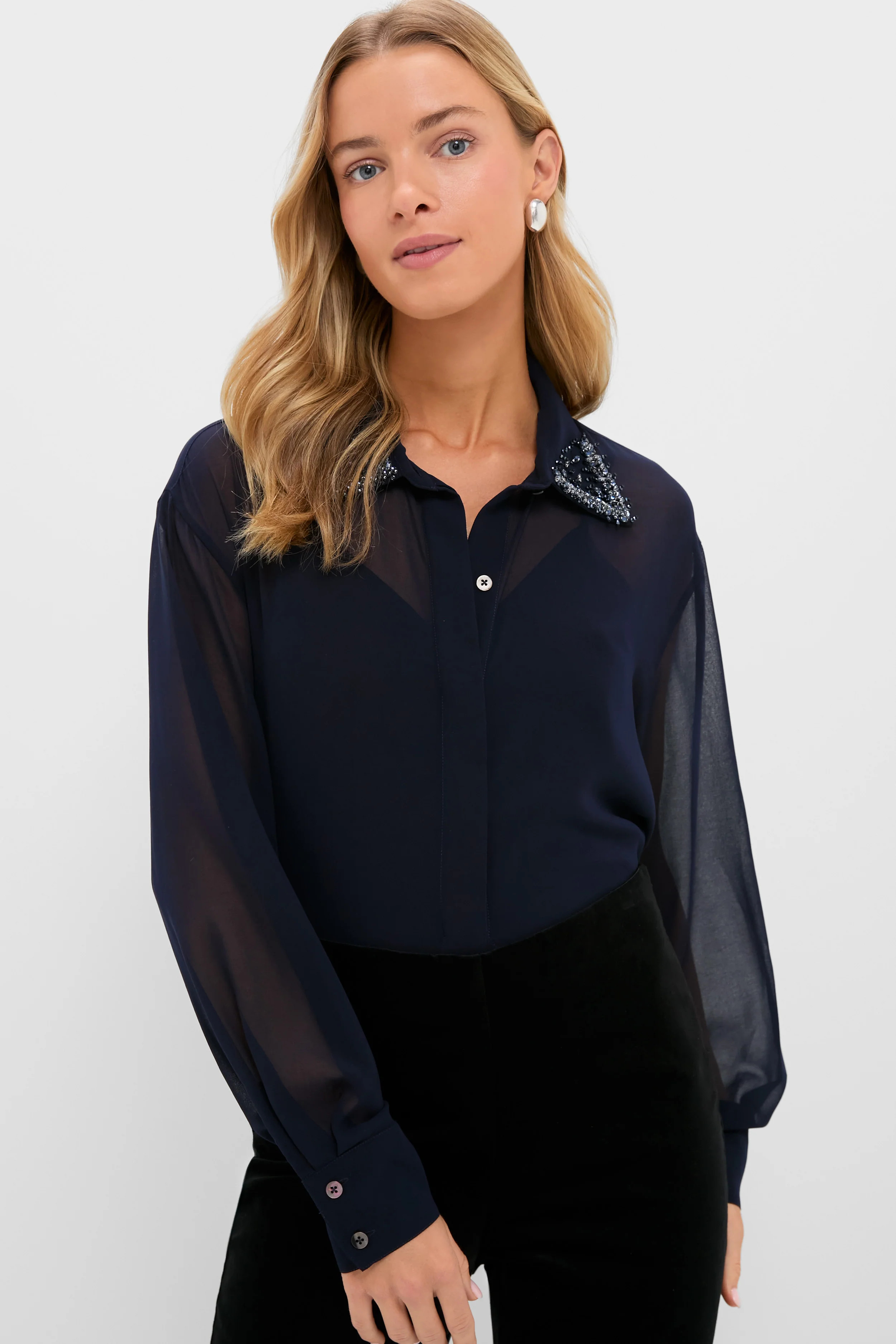 Navy Embellished Sheer Alysse Blouse | Tuckernuck (US)