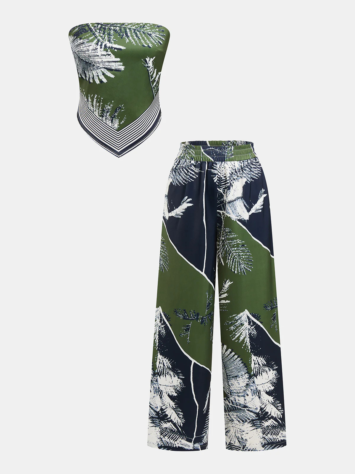 Leaf Print Strapless Top & Pants Set | Commense