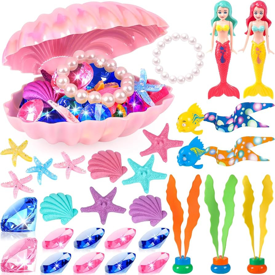 Pool Toys, 31Pcs Mermaid Toys Diving Toys with Shell Treasure Chests and Storage Bag, Swimming Po... | Amazon (US)