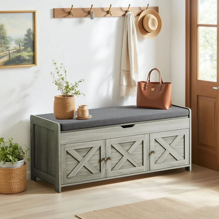 CHITOOMA 43.4" Shoe Storage Bench with Cushion and Barn Doors for Entryway, Bedroom, Shoe Rack Be... | Walmart (US)