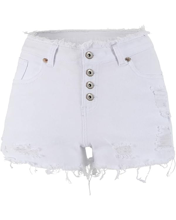 THUNDER STAR Ripped Jean Shorts for Women Mid Rise Frayed Raw Hem Stretchy Denim Shorts | Amazon (US)