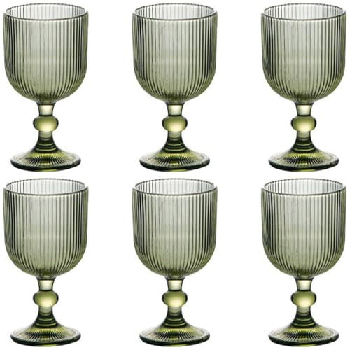 Taganov Green Drinking Glasses set of 6 Big Wine Goblets Vintage Colored Glassware 13 oz for Wedding Party Bar Vertical Line Embossed Pattern Stemmed Cups 400ml | Amazon (US)