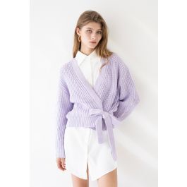 Wrap Bowknot Chunky Knit Sweater in Lavender | Chicwish