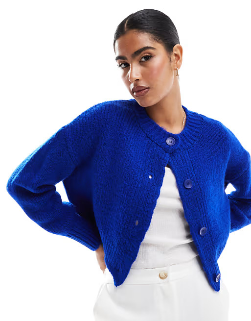 ASOS DESIGN crew neck loose knit cardigan in cobalt | ASOS (Global)