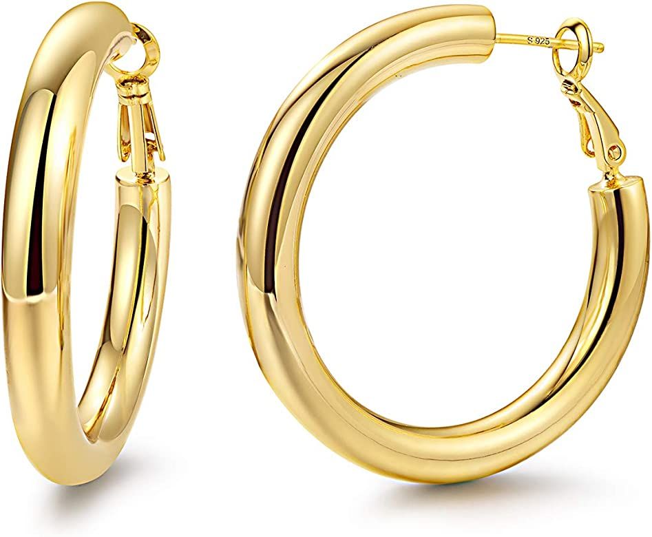Hoop Earrings 24K Gold Plated 925 Sterling Silver Post 5MM Thick Tube Hoops for Women And Girls | Amazon (US)