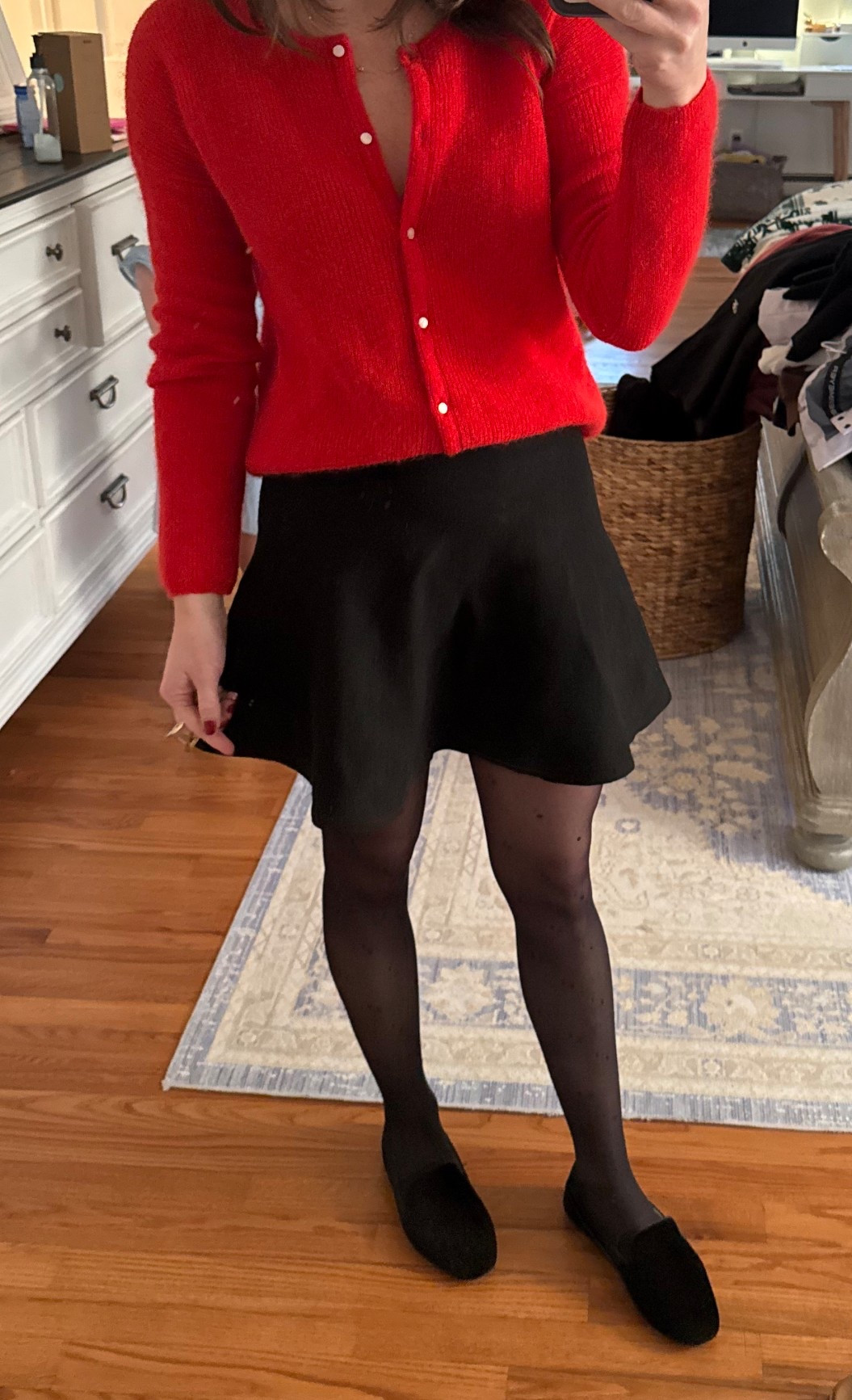 What I Wore to Work as a Med Spa Office Manager - Wool Cardigan Red, Black flare skirt, polka dot tights, black velvet Birdies  

#LTKWorkwear #LTKootd